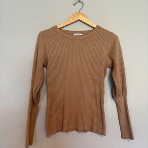 Vila Milano Womens Ribbed Knit Crew Neck Sweater Tan Camel Puff Sleeve Size M